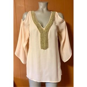 Bebe Blush Chiffon Cold Shoulder Top with Gold Beading S